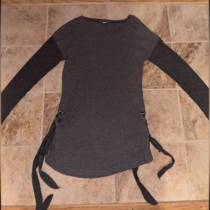 Grey waffle knit sweater with tie details